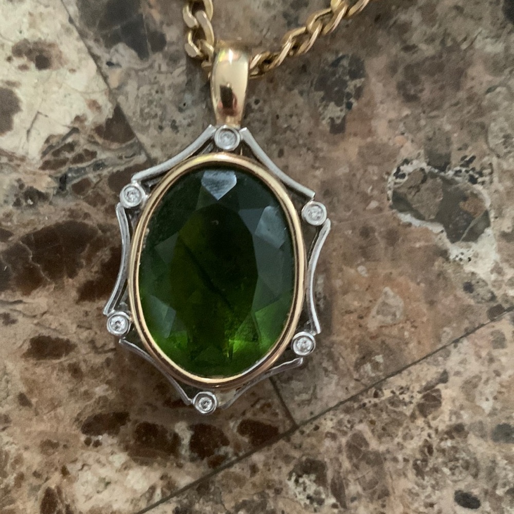 Genuine Peridot white gold and 12krt gold and diamonds & gold chain for sale